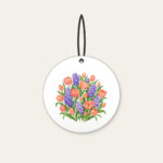 Tulip and Hyacinth Beds Ceramic Ornament in white: Painterly flower beds of tulips and hyacinths in coral, violet and green on pale cream.