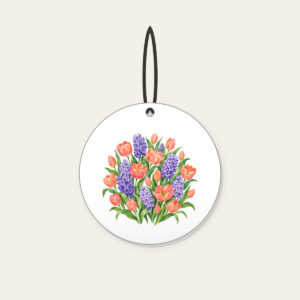 Tulip and Hyacinth Beds Ceramic Ornament in white: Painterly flower beds of tulips and hyacinths in coral, violet and green on pale cream.