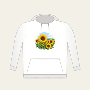 Sunflower Field Under a Pale Sky Hoodie in white: A field of yellow and brown sunflowers beneath a pale blue sky.