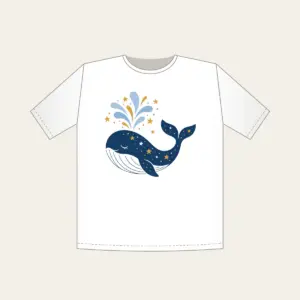 Starry Whale with Water Spout T-Shirt in white: A friendly whale lifts a spout of water among tiny white and gold stars.