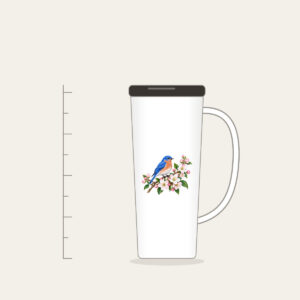 Bluebird on a Blossom Branch Tumbler with Handle in white: A small bluebird rests on a branch of cobalt, white and pale pink blossoms.