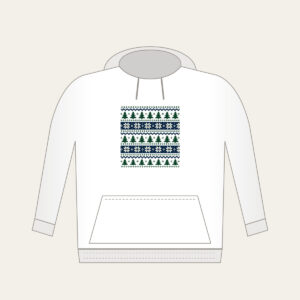 Fair-Isle Bands of Pines and Stars Hoodie in white: Fair-isle bands of pines and stars in cream, forest green and navy repeat all over.