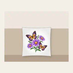 Two Butterflies and Three Daisies Pillow in white: Two butterflies hover near three daisies in purple and yellow.