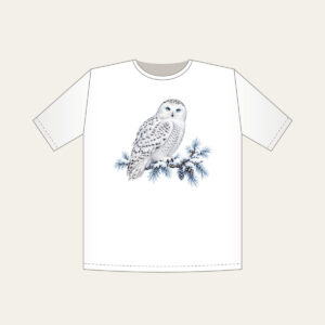 Snowy Owl on a Frosted Branch T-Shirt in white: A snowy owl on a frosted branch in white, grey and ice blue.