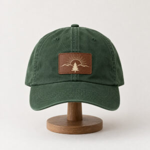 Forest Trail Patch Dad Hat with a rectangular brown patch printed with a small cream pine and rising sun