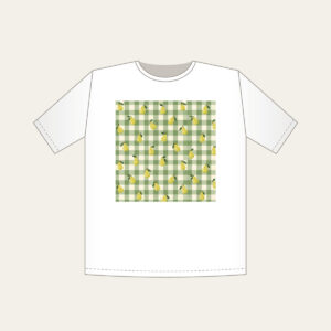 Green Gingham with Scattered Pears T-Shirt in white: Green and cream gingham checks with small pears scattered between.