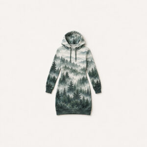 Fog Forest Hoodie Dress with all-over layered misty pine forest in grey-green gradients fading toward the hem