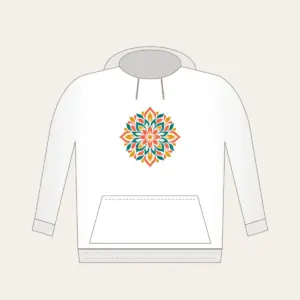 Petal Mosaic Kaleidoscope Hoodie in white: Symmetrical petal mosaics in coral, teal, mustard and cream.
