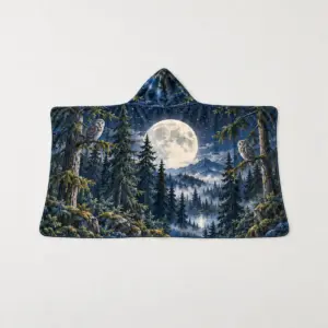 Moonlit Forest Hooded Blanket with a moonlit forest of pines and owls in navy, silver and moss with a large pale moon