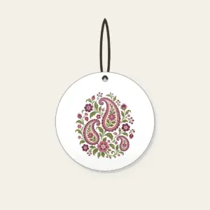 Plum and Olive Paisley Garden Ceramic Ornament in white: A paisley garden pattern with small flowers in plum, rose and olive on cream.
