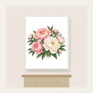 Blush and White Peonies Canvas Print in white: Peonies in blush and white with green leaves on a cream base.