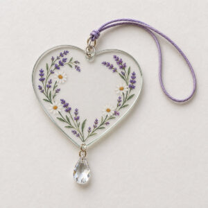 Meadow Heart Glass Ornament with Crystal Charm with a heart-shaped glass face printed with a wreath of lavender, white daisies and fine grasses in soft violet, cream and sage, small clear crystal charm below