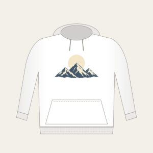 Moonrise over Three Peaks Hoodie in white: A round moon rises over three mountain peaks in cream and slate.