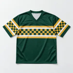 Checker Stripe Mesh Football Jersey with small checkers framed by white stripes in forest green and gold across the sleeves and chest