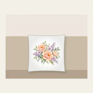 Watercolor Blooms in Peach and Lilac Pillow in white: Gentle watercolor blooms in peach, lilac and sage bleed softly across white space.