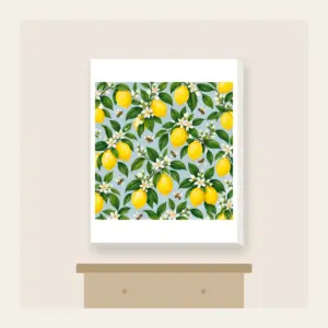 Lemon and Bee Garden Repeat Canvas Print in white: A repeat of lemons, glossy leaves and tiny bees in yellow and green on a pale blue-grey ground.