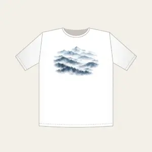 Misty Grey-Blue Ridgelines T-Shirt in white: Grey-blue ridges layer into fog across the artwork.