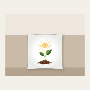 Seedling Reaching for Sunbeams Pillow in white: A young seedling stretches toward warm sunbeams in cream, green and brown.