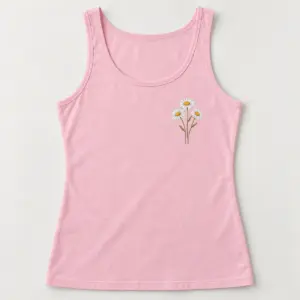 Daisy Trio Women's Tank Top with small chest print of three daisies with thin olive stems, white petals and deep yellow centres
