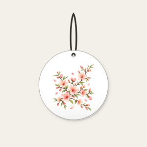 Peach Blossom Branches on Cream Ceramic Ornament in white: Peach blossoms and slender branches in peach, rose and pale green rest on a glossy cream ground.