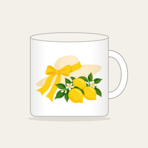 Sunhat with Three Lemons Mug in white: A wide sunhat with a ribbon beside three lemons in cream, lemon yellow and green.