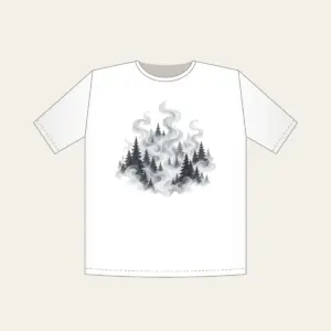Campfire Smoke Curls Through Pines T-Shirt in white: Wisps of smoke curl upward between dark pine silhouettes in muted greys.