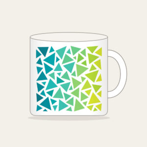 Teal-to-Lime Color-Block Triangles Mug in white: Color-blocked triangles shift from teal to lime on white.