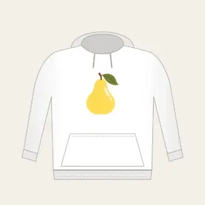 Butter Yellow Pear with Olive Leaf Hoodie in white: A stylized butter-yellow pear with an olive leaf and a small cream highlight, drawn in a clean, rounded outline.