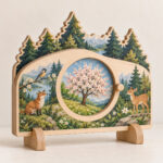 Seasonal Tree Rotating Wood Sign showing a spring tree through its viewing window