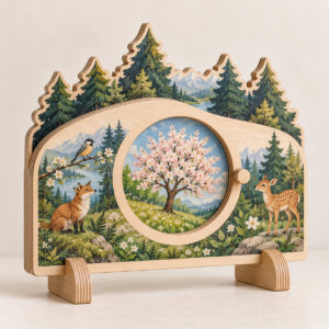 Seasonal Tree Rotating Wood Sign showing a spring tree through its viewing window