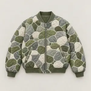 Mossy Stone Quilt Bomber with all-over river stones in moss green, grey and cream with fine white outlines