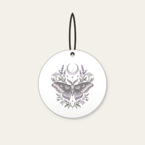 Moth and Crescent Moon with Herb Sprigs Ceramic Ornament in white: A moth beneath a crescent moon with delicate herb sprigs in silver grey and pale lilac.