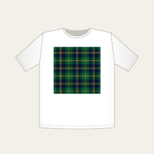 Green and Navy Plaid with Gold Lines T-Shirt in white: A classic plaid of green and navy, finished with fine gold lines.