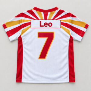 Kickoff Kid Mesh V-Neck Jersey with Name Patch with back view: sunburst stripes across the shoulders in red, gold and white with a rectangular name patch area below the collar reading "Leo" and the number "7" beneath it