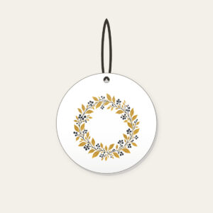 Gold Botanical Leaf and Berry Wreath Ceramic Ornament in white: A fine botanical wreath of leaves and berries drawn in dark lines on a gold ground.