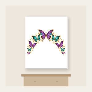Butterflies Arching Along the Edge Canvas Print in white: Violet, teal and gold butterflies arch along a curved edge.