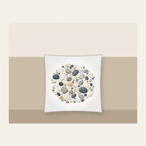 Beach Pebbles and Tiny Shells Pillow in white: Pebbles and tiny shells in sand, slate and white are scattered across the artwork.