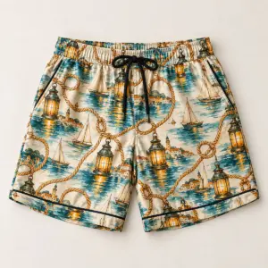Men's Satin Harbour Lantern Pajama Shorts with all-over harbour lanterns, rope loops and tiny sailboats in amber, teal and cream