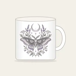 Moth and Crescent Moon with Herb Sprigs Mug in white: A moth beneath a crescent moon with delicate herb sprigs in silver grey and pale lilac.