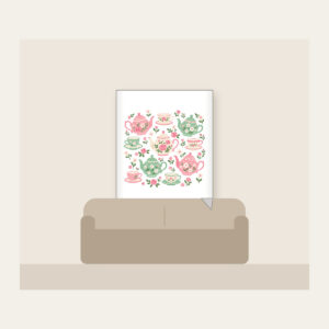 Teapots and Tiny Flowers Fleece Blanket in white: Cheerful teapots and little flowers in pink and mint scatter across a cream ground.