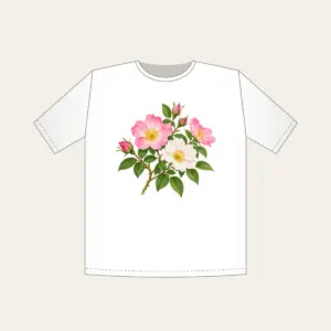 Wild Rose Branch T-Shirt in white: A branch of wild roses with pink and white blossoms and fresh green leaves.