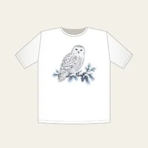 Snowy Owl on a Frosted Branch T-Shirt in white: A snowy owl on a frosted branch in white, grey and ice blue.