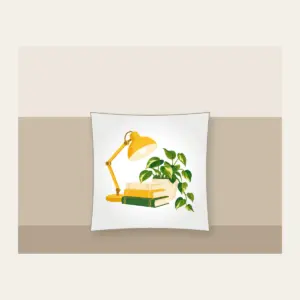 Lamplit Desk with Books and Fern Pillow in white: A warm yellow desk lamp glows beside a stack of books and a potted plant in cream and green.