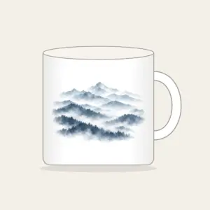 Misty Grey-Blue Ridgelines Mug in white: Grey-blue ridges layer into fog across the artwork.