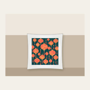Coral and Gold Paper Lantern Night Pillow in white: Paper lanterns in coral and gold with fine strings across deep teal.
