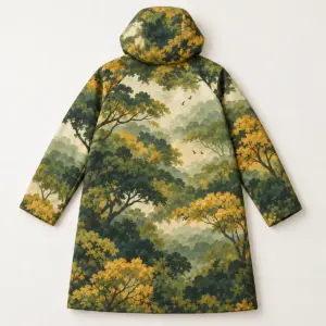 Back view of a long hooded coat with an autumn woodland canopy print.