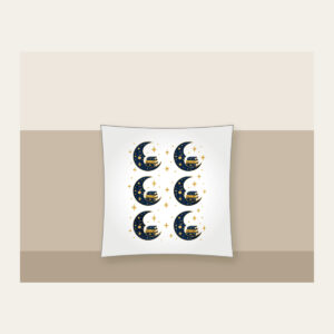 Crescent Moon with a Stack of Books Pillow in white: A crescent moon holds a small stack of books among tiny stars in navy and gold.