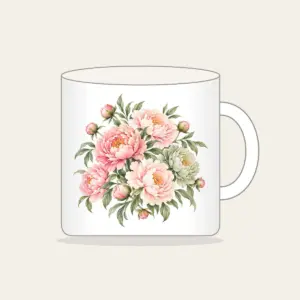 Blush Peony Gradient Mug in white: All-over peonies drift across a gradient from blush to sage, joined by fine leaf lines.