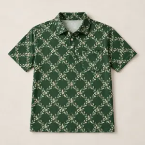 Garden Trellis Pocket Polo (Midweight) with all-over trellis lines with small leaves in forest green, cream and sage
