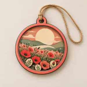 Meadow Moon Wood and Acrylic Shaker Ornament with wood back layers with a large moon over layered hills of poppies and grasses in coral, sage and cream, clear acrylic front window